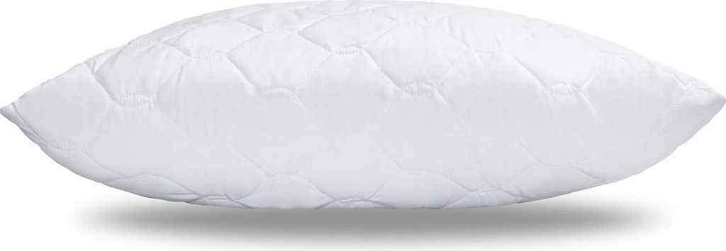 A white quilted pillow is shown from the side against a white background.