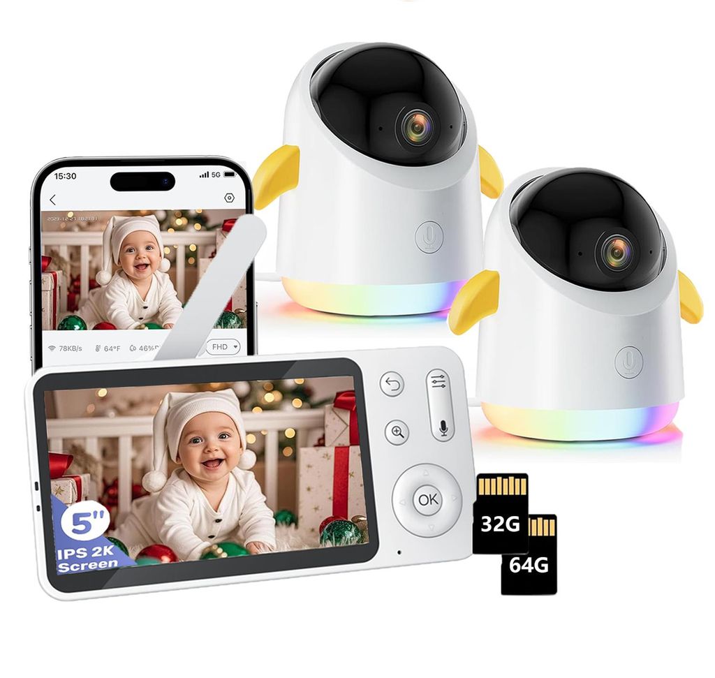 Babyphone mit 2 Kamera und APP 2K/3MP 360° View 5" WLAN Video Babyfone RGB-Nachtsicht Weinen/Bewegungs/Geräusch-Erkennung 4-facher Zoom mit 32G &...