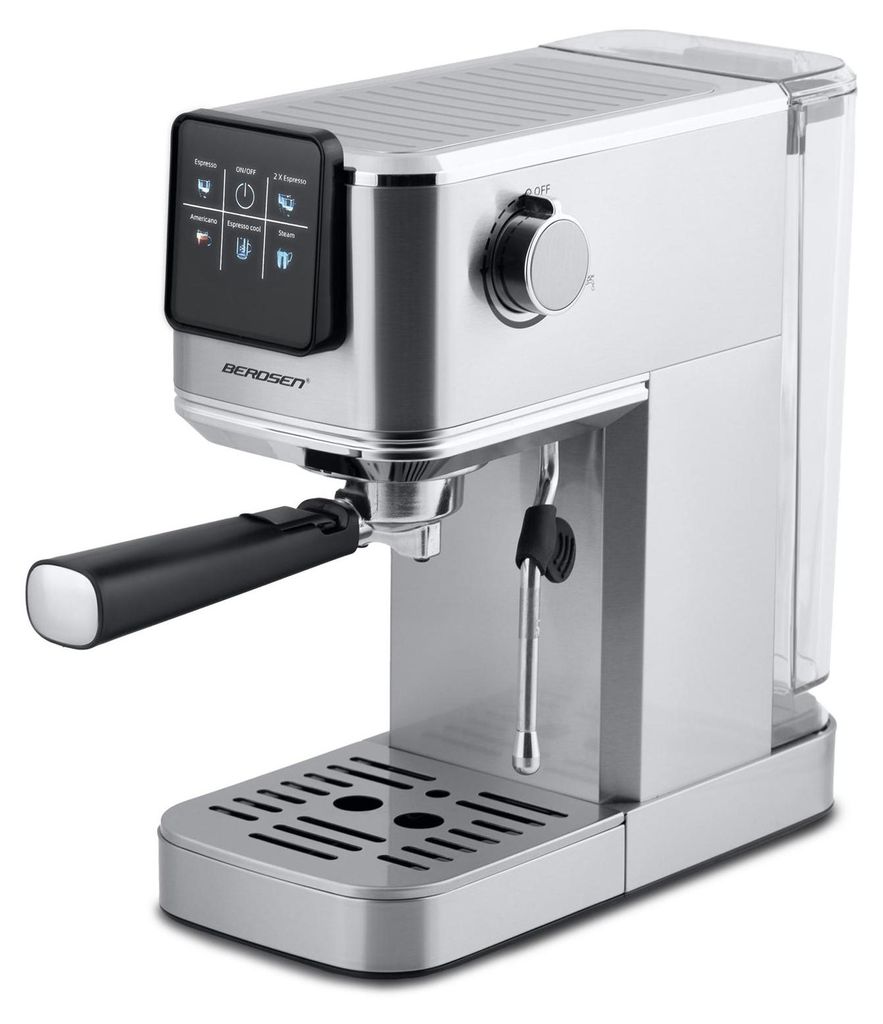A silver and black espresso machine is shown against a white background.