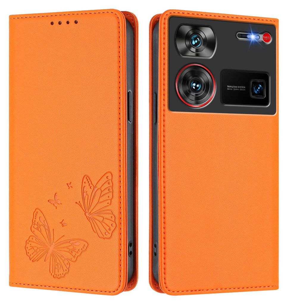Lederhülle für ZTE Nubia Z60 Ultra, Schmetterling Prägung Leder Brieftasche Schutzhülle mit Ständer Orange