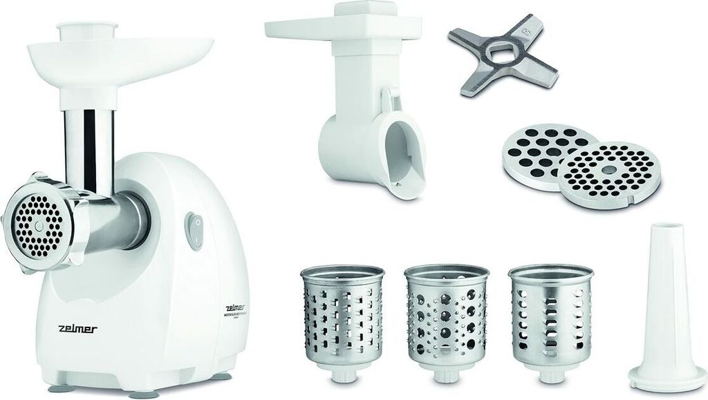 A white meat grinder with various attachments is displayed against a white background.