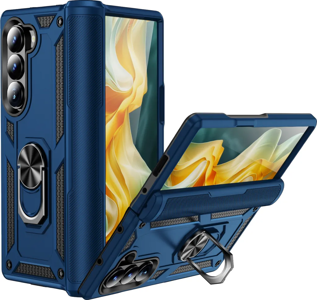 Custodia per Samsung Galaxy Z Fold 6 robusta a doppio strato, protezione militare con supporto ad anello e supporto Blu