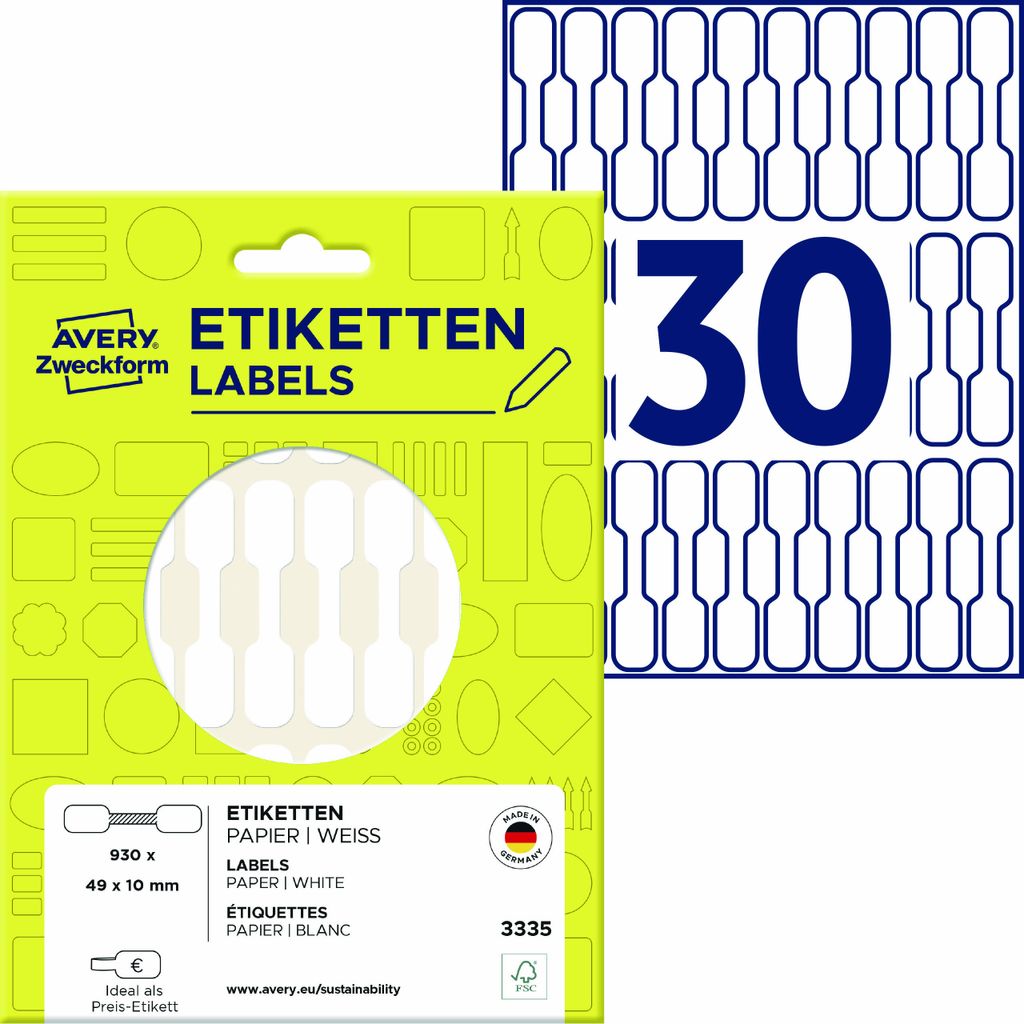 Avery Zweckform 3335, Preis-Etiketten, 49 x 10 mm, 930 Etiketten / 31 Bögen, Weiß