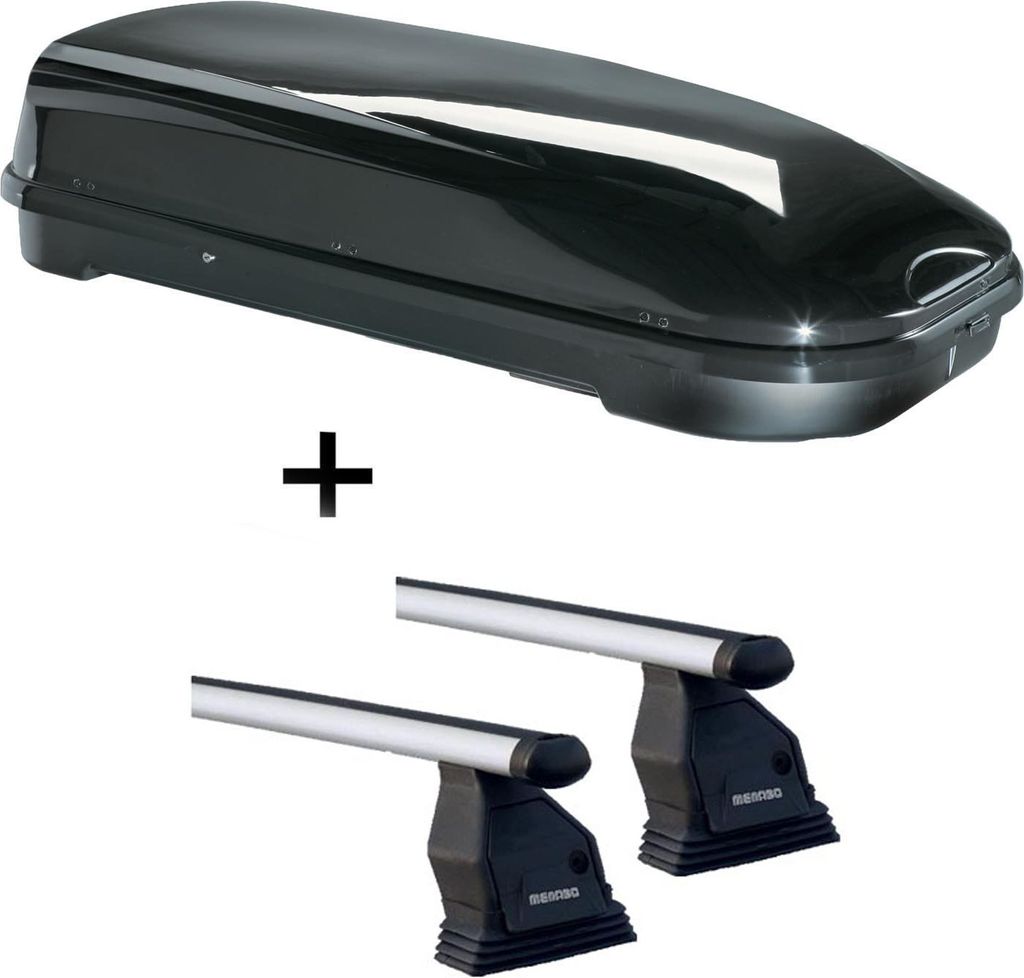 Dachbox VDPFL580 schwarz glänzend 580 Ltr + Dachträger Menabo Tema kompatibel mit für Mercedes B-Klasse W246 (Schrägheck 5 Türer) ab 2012 Alu