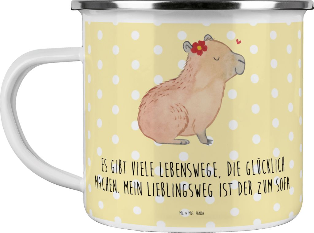 Mr. & Mrs. Panda Emaille Becher Capybara Blume - Gelb Pastell - Geschenk, Pott, Kaffeepott, Haferl, Lustige Sprüche, Teetasse, Tasse