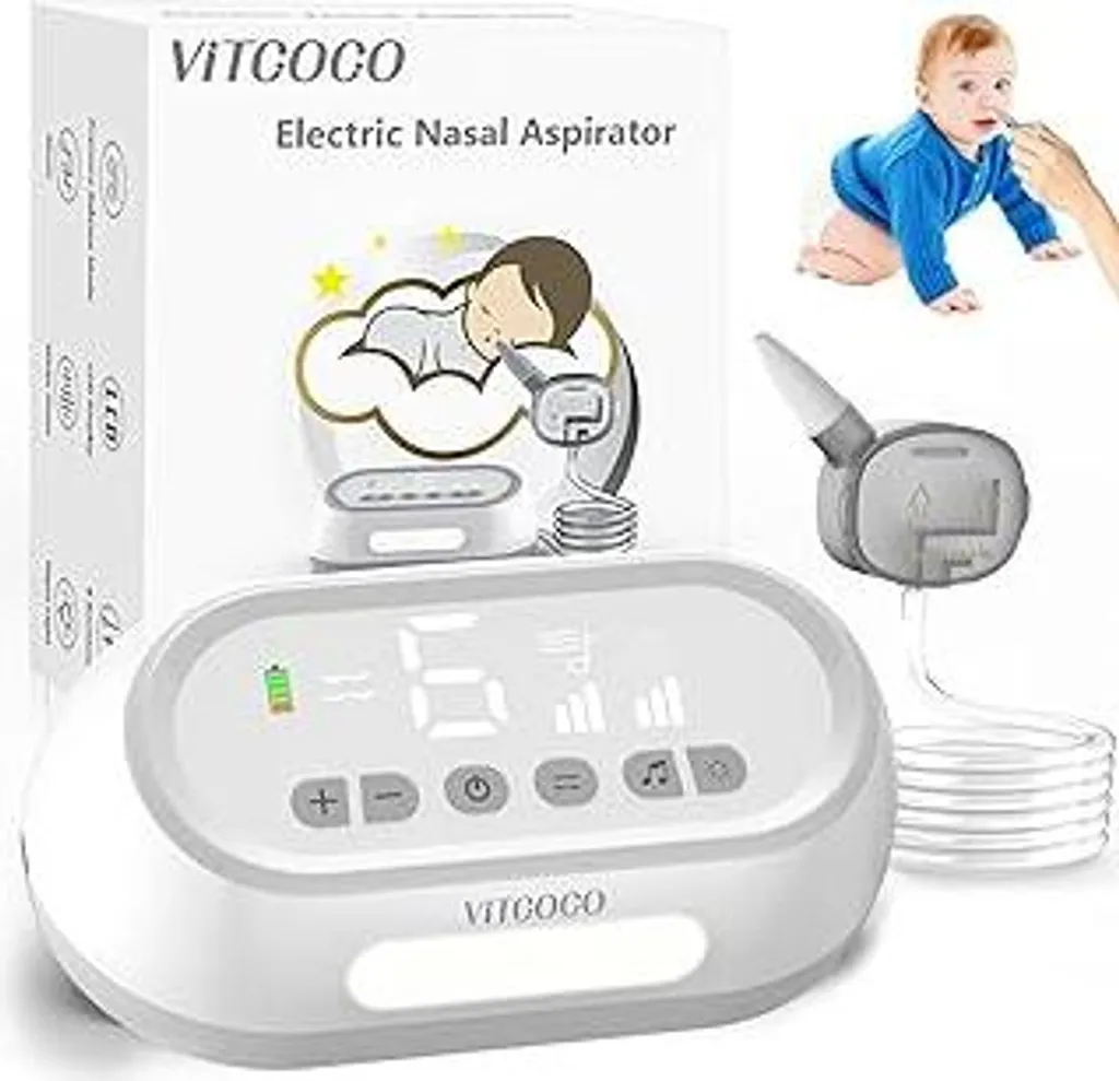 Aspiratore nasale VITCOCO Baby per la cura quotidiana del naso? Aspiratore nasale elettrico con 6 livelli di aspirazione, luci colorate e musica, 2 beccucci in silicone, ricaricabile e silenzioso, contenitore di raccolta da 30 ml.