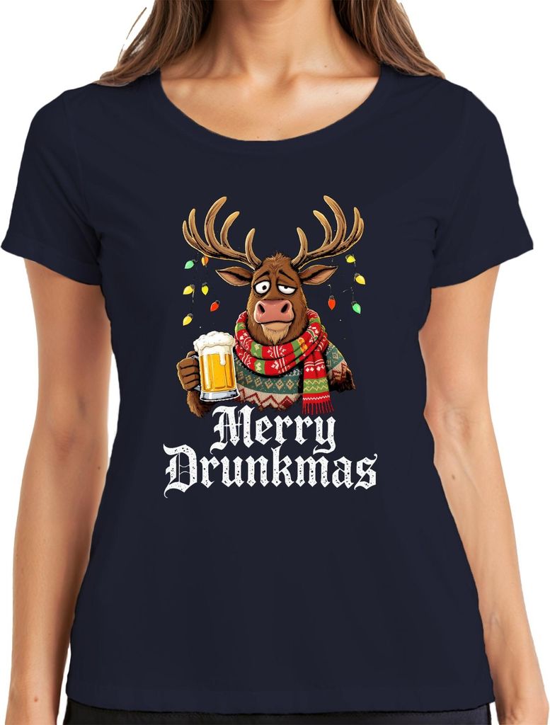 Merry Drunkmas Rentier Bierkrug Weihnachten lustig Geschenk Schal Damen T-Shirt, Navy, 3XL
