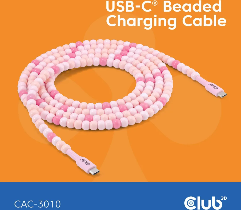 Cavo USB-C Club3D Rosa con Perline: 60W Power Delivery e Ricarica Rapida