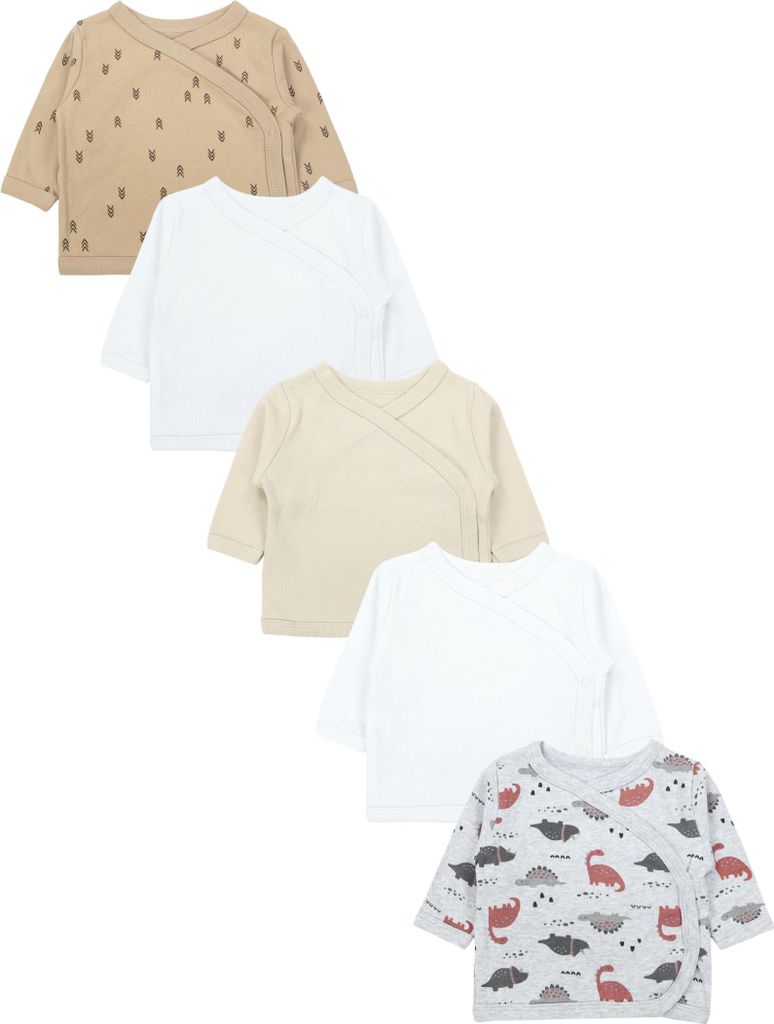 TupTam Baby Jungen Langarm Wickelshirt Baumwolle 5er Set, Farbe: Braun_Dino_Beige_White_Grau, Größe: 74