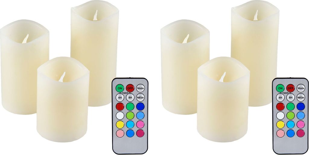 Two sets of three LED candles and two remote controls are displayed on a white background.