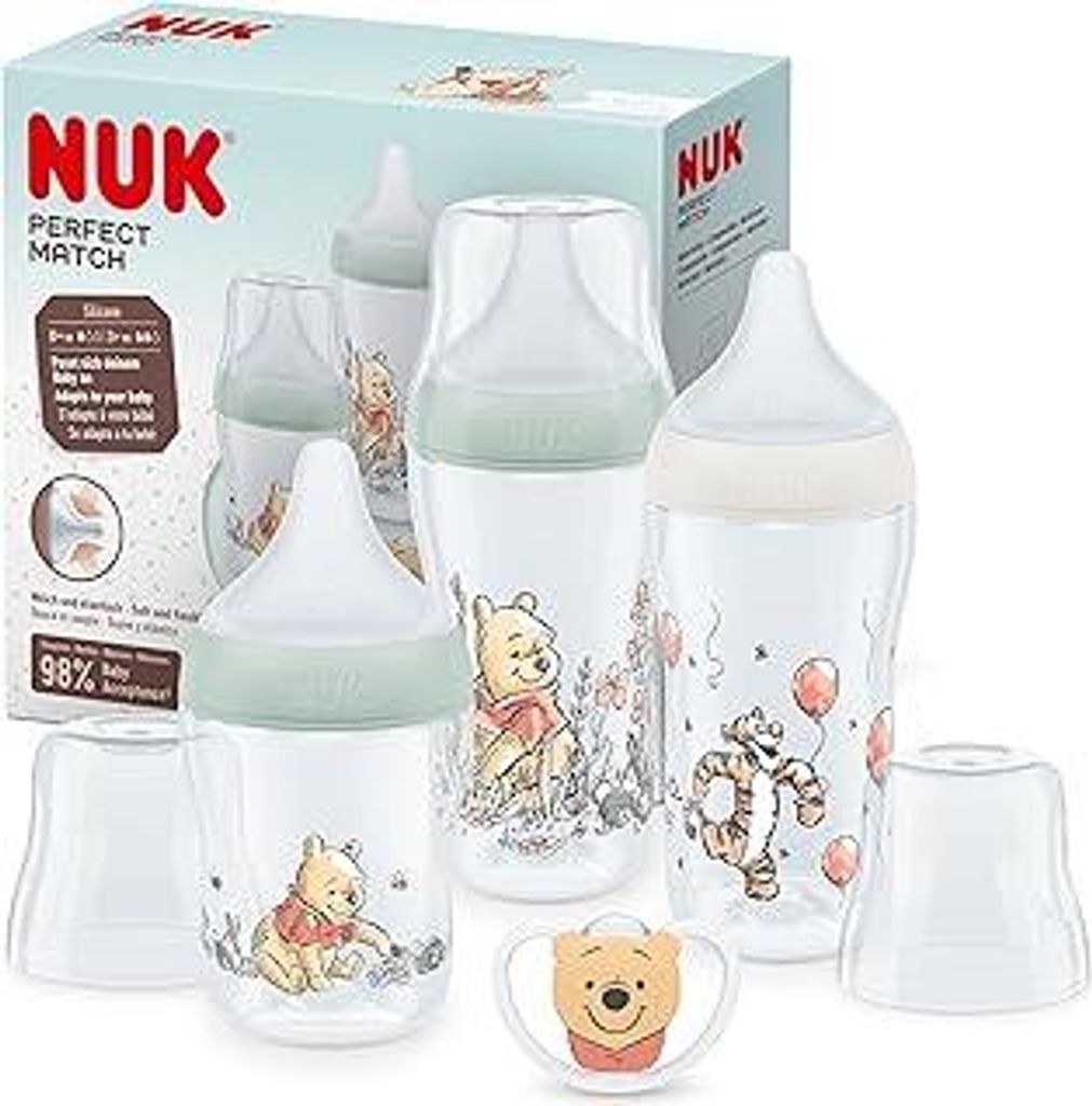 NUK Perfect Match Babyflaschenset | Ab 0 Monate | Passt sich dem Baby an | 3 Anti-Colic-Babyflaschen und Space-Schnuller | BPA-frei | Disneys Winni...