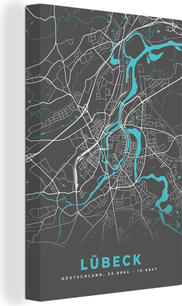 OneMillionCanvasses - Leinwandbilder - 90x140 cm, Blau - Deutschland - Karte - Stadtplan - Lübeck, Wandbilder Kunstdruck Wanddekoration - Foto a...