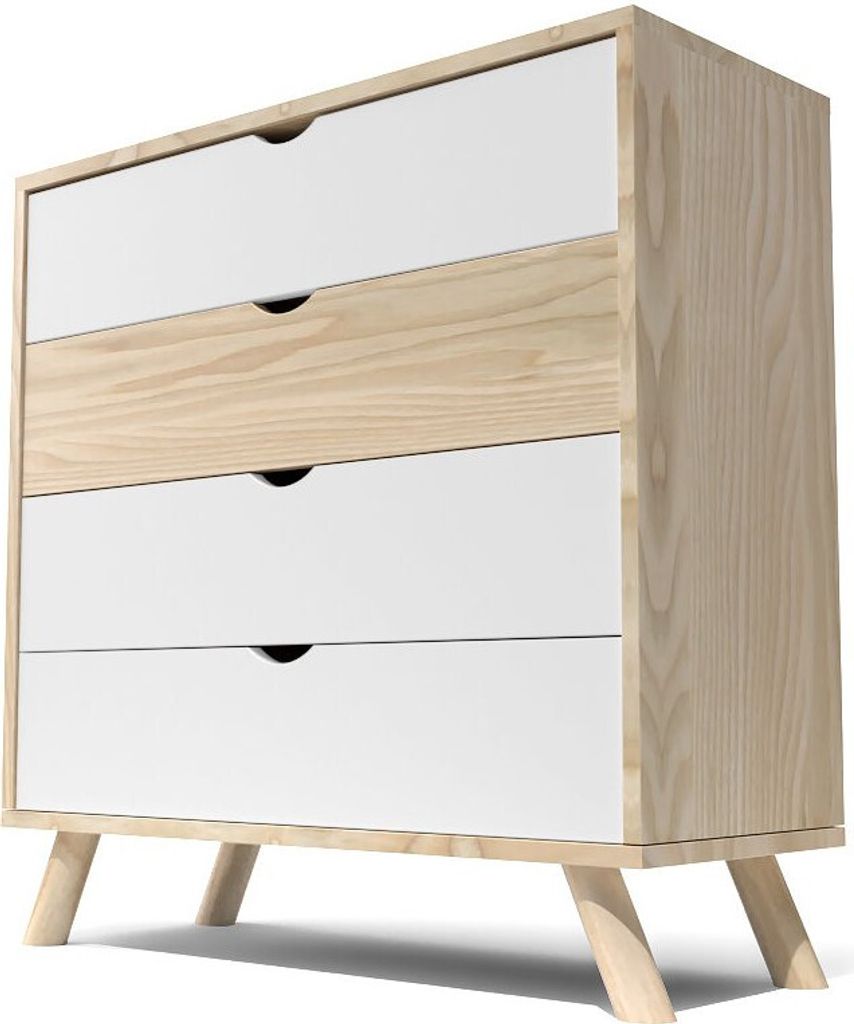 Skandinavische Kommode Viking mit 4 Schubladen aus Massivholz - Naturlack/Weiß