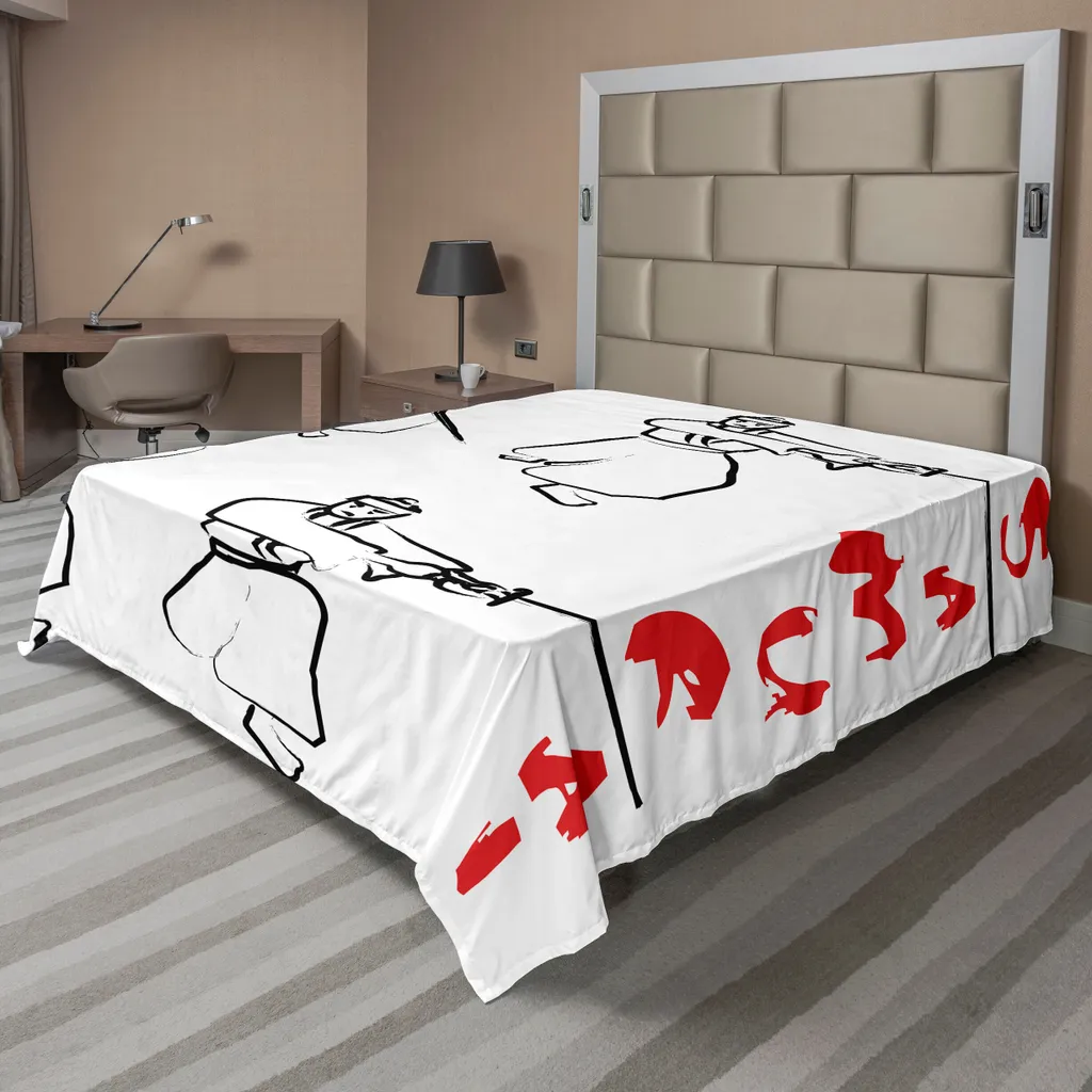 ABAKUHAUS Lenzuolo giapponese, Samurai che combatte con la katana su sfondo bianco Motivo arti marziali asiatiche, morbido e confortevole lenzuolo superiore per un letto decorativo 1 pezzo 266 cm x 260 cm, nero rosso