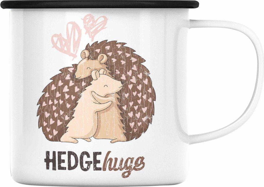Trendation - Valentinstag Emaille Tasse Geschenk für Ihn Sie Lustig Hedgehugs Geschenkidee Becher Freund Freundin Liebe Paare (Schwarz)