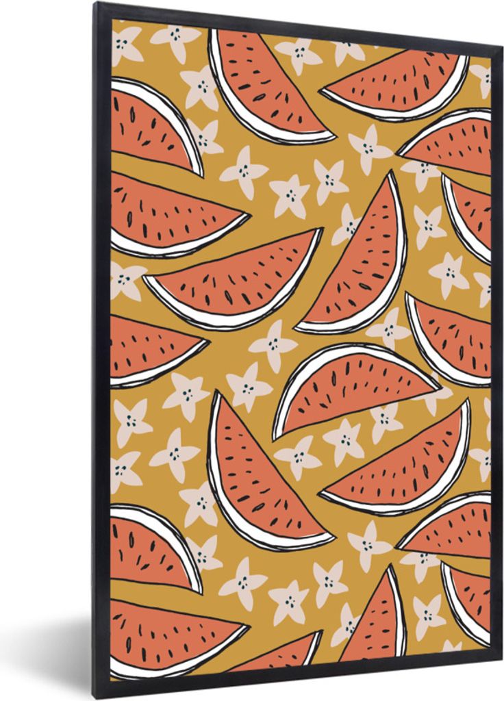 MuchoWow Gerahmtes Poster Sommer - Wassermelone - Sterne - Orange 60x90 cm - Poster mit Schwarzem Bilderrahmen Wandposter Rahmen Foto Bilder - Kunst