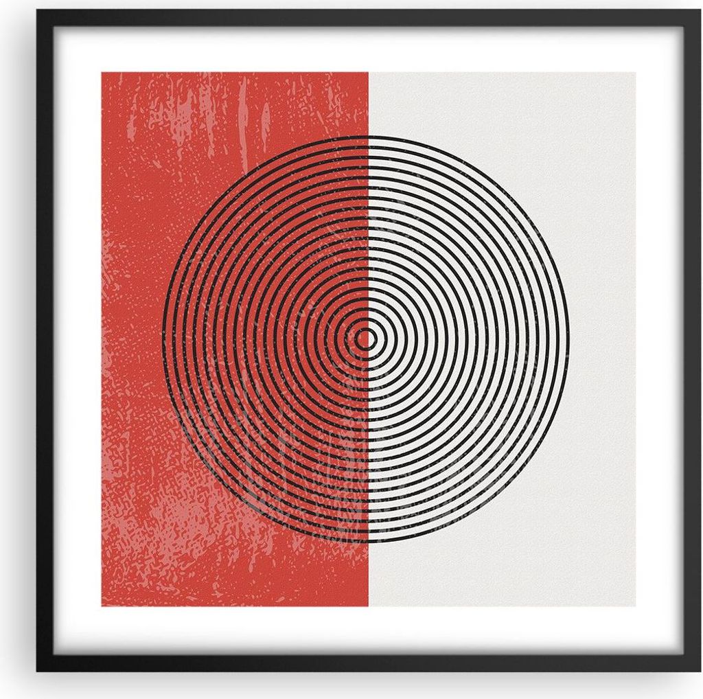 Gerahmtes Poster - Schwarzer Rahmen - Abstraktion Weiß-Rot Kreise - 50x50 cm - Wand Bild - Wanddeko - Wandbilder - Kunstposter - Wandposter - Bild...