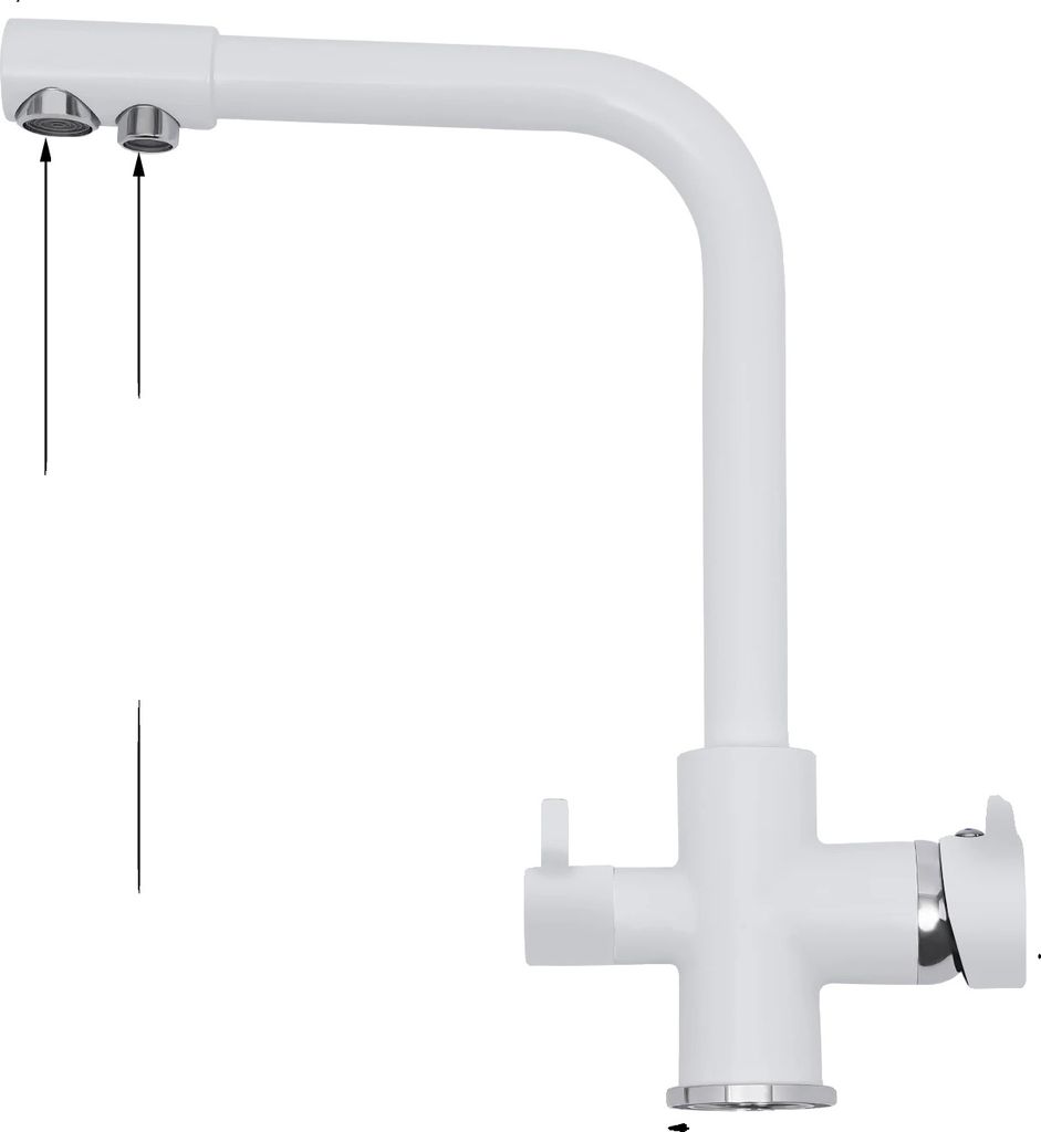 A white kitchen faucet with two handles and a gooseneck spout, shown against a white background.