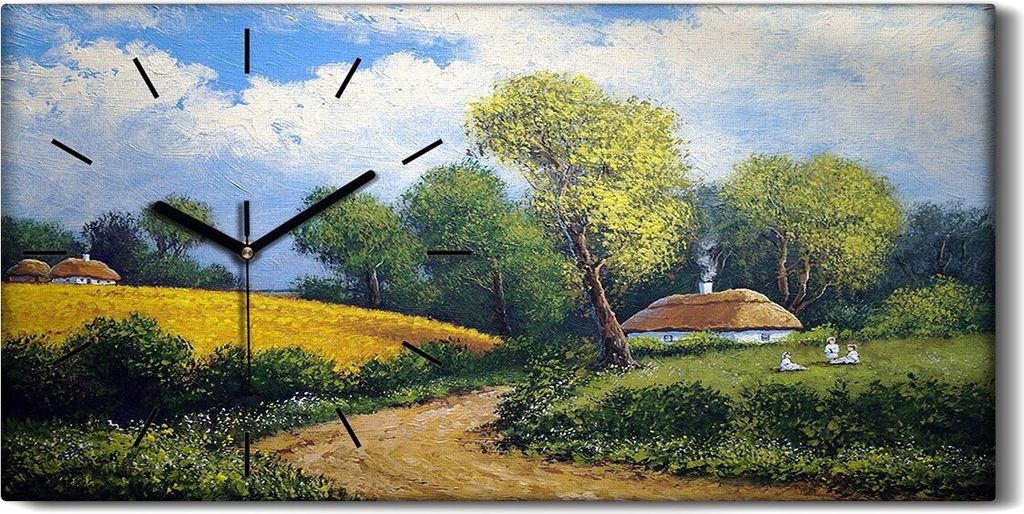 Wanduhr Uhr Wandbild Leinwand Quarz 60x30 Gemälde ländliche Landschaft Kunst - schwarze Hände