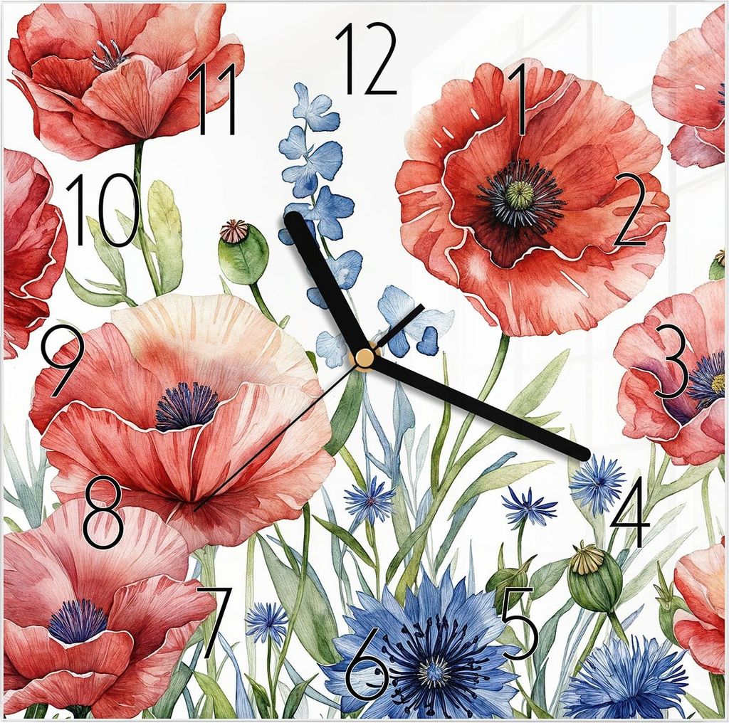 Wanduhr aus Glas mit Motiv Blumenwiese Kunstvoll- 30 x 30 cm - inkl. Aufhängesystem