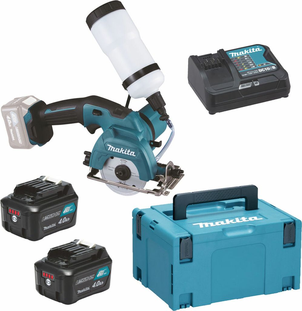 A collection of power tools and accessories laid out on a white background.