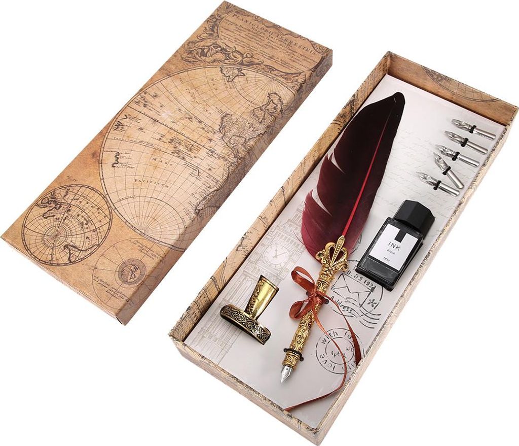 Vintage Retro Feather Dip Stift Edelstahl Nibs Kalligraphie schreiben Tinte Geschenk (Wein rot)