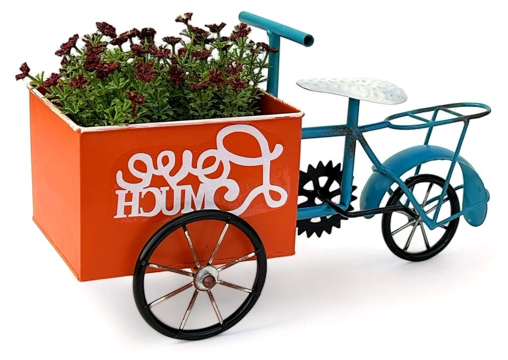 Blumenfahrrad aus Metall für den Garten, stehend, blau-orange, Pflanzfahrrad, Dekofahrrad, Blumenständer