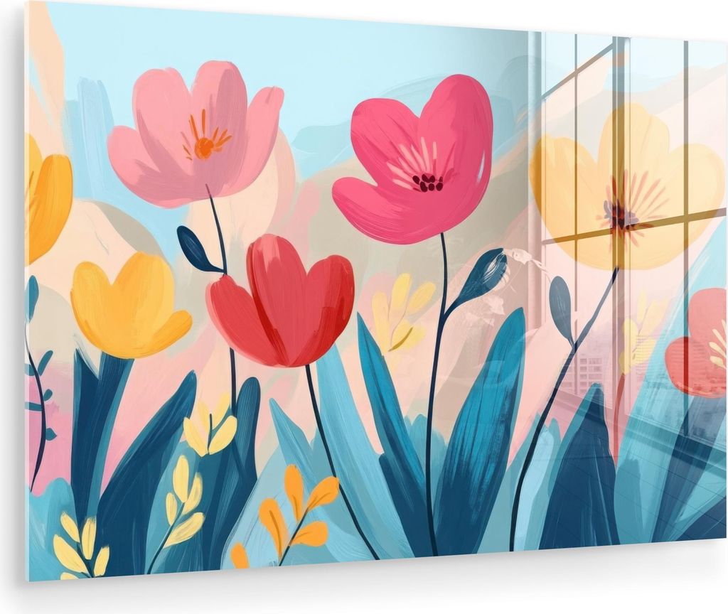 MuchoWow Glasbilder - Bilder auf Wandbild - Foto auf Glas Illustration - Blumen - Farbenfroh 90x60 cm Wanddekoration aus Glas - Acrylglasbild - Acr...