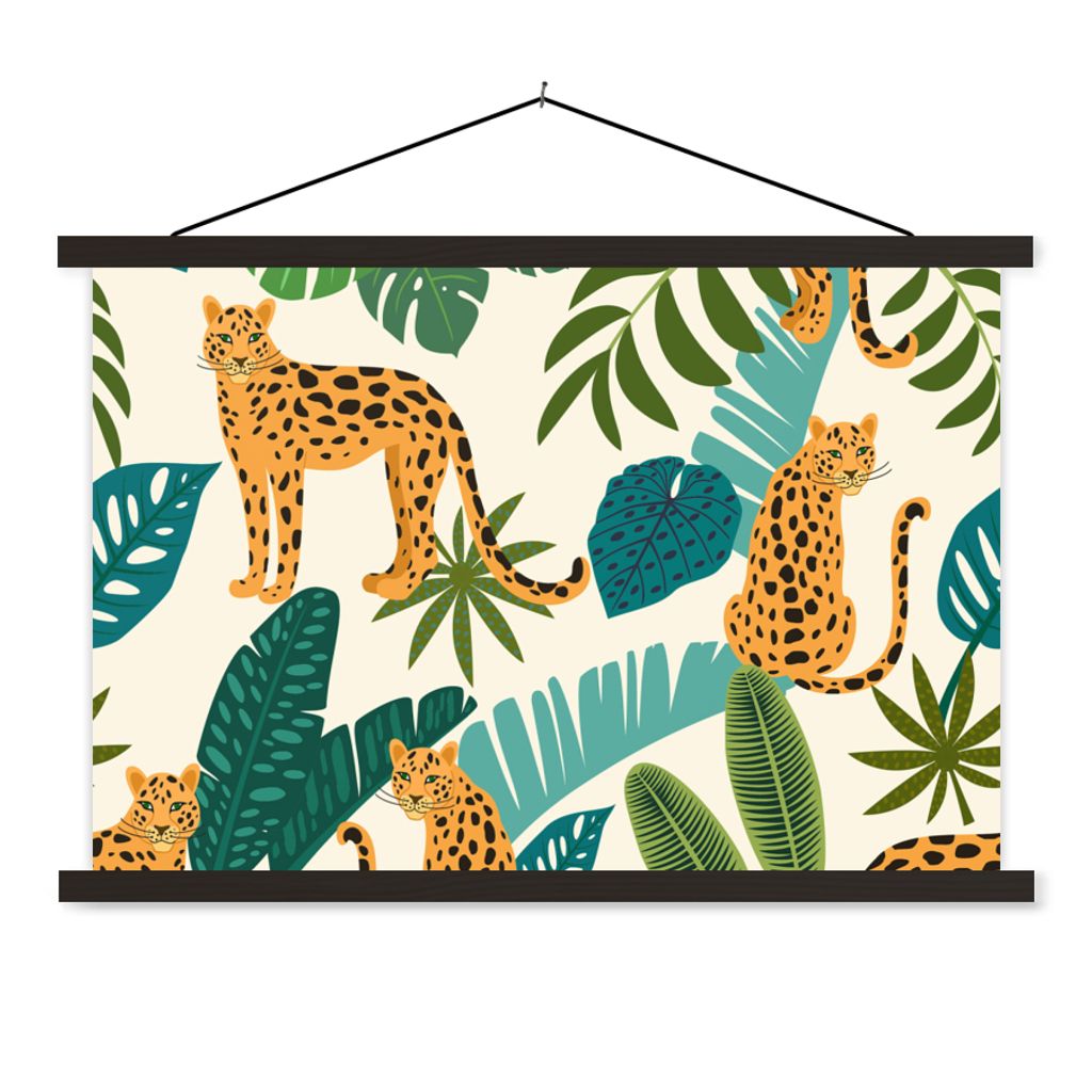 MuchoWow Textilposter Dschungel - Leopard - Pflanzen - Muster - Mädchen - Jungen 90x60 cm mit schwarzem Rahmen - Aufhängungssatz