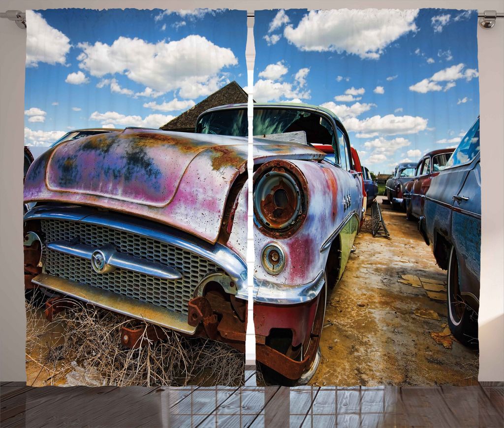 ABAKUHAUS Jahrgang Rustikaler Vorhang, Rostige verlassene Autos, Wohnzimmer Universalband Gardinen mit Schlaufen und Haken, 280 x 225 cm, Blasser K...