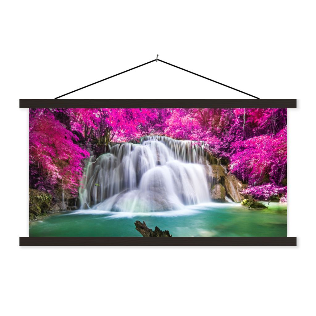 MuchoWow Textilposter Wasserfall - Rosa - Bäume 120x60 cm mit schwarzem Rahmen - Dekoration Schlafzimmer