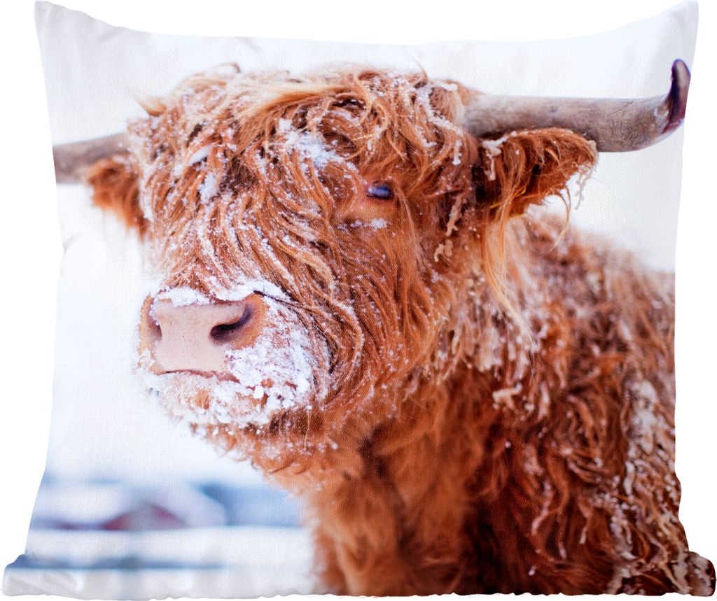 MuchoWow ZierKissen SofaKissen Wohnzimmer DekoKissen 40x40 cm Schottischer Highlander - Schnee - Braun - Sofakissenbezüge - ohne füllung