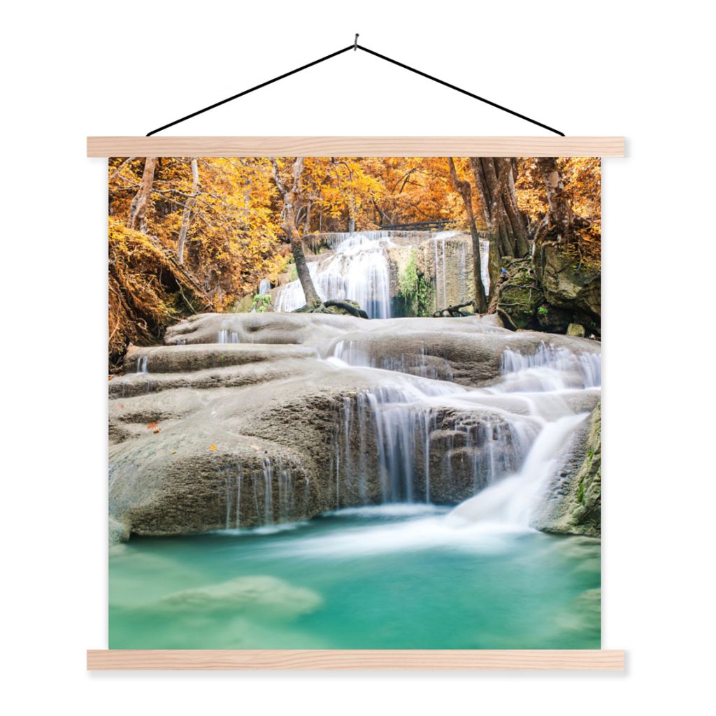 MuchoWow Textilposter Wald - Wasserfall - Herbst 120x120 cm mit holzfarbenen Rahmen - Textil-Poster
