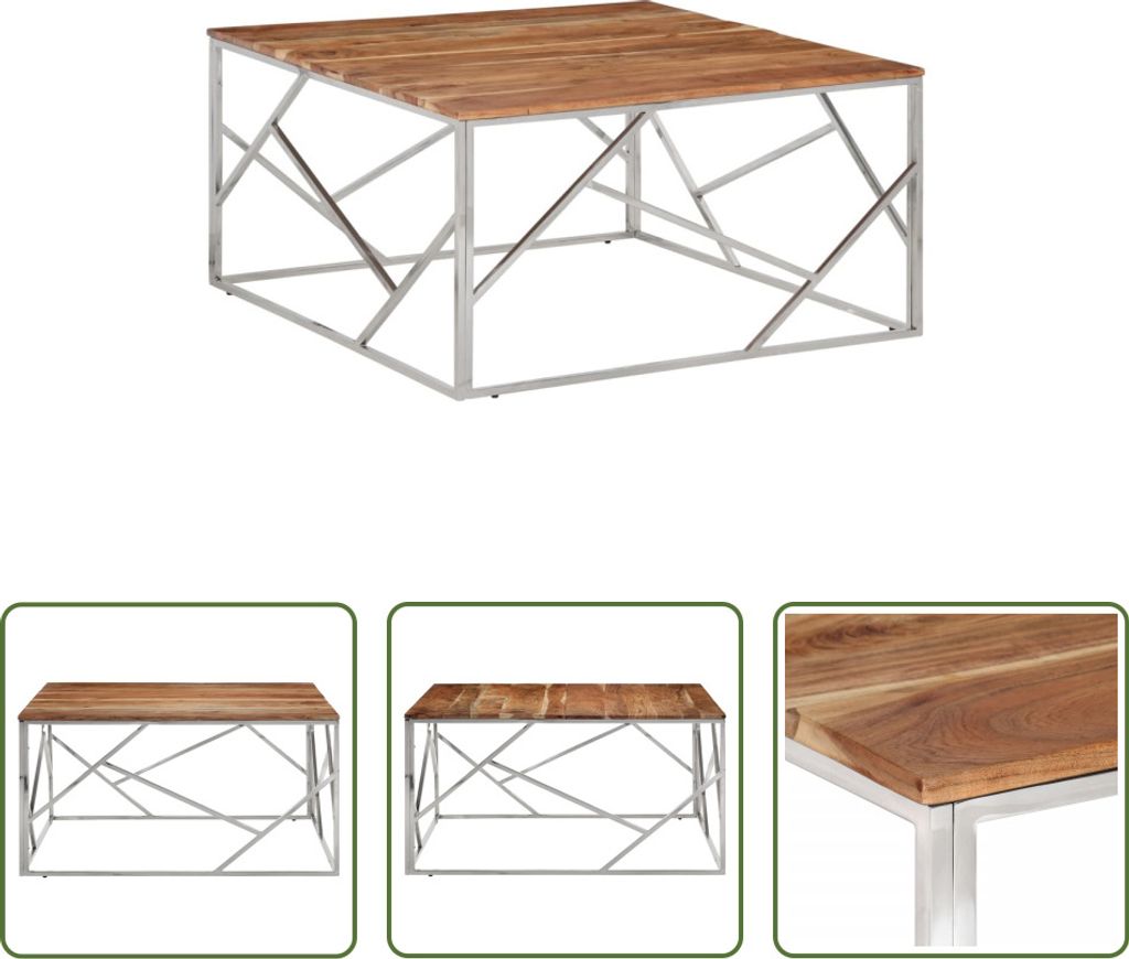 The Living Store Couchtisch Silbern Edelstahl und Massivholz Akazie