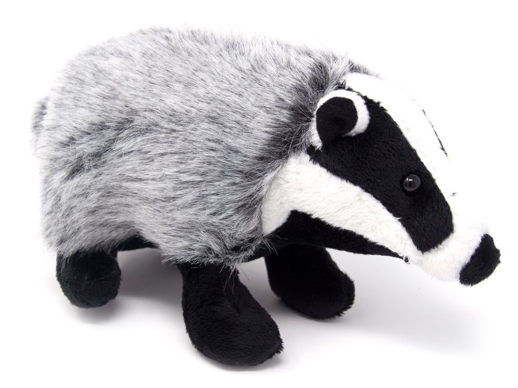A stuffed toy badger is shown against a white background.