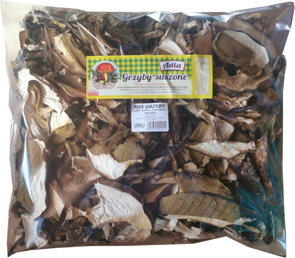 A clear, well-lit image of a bag of dried mushrooms against a white background.