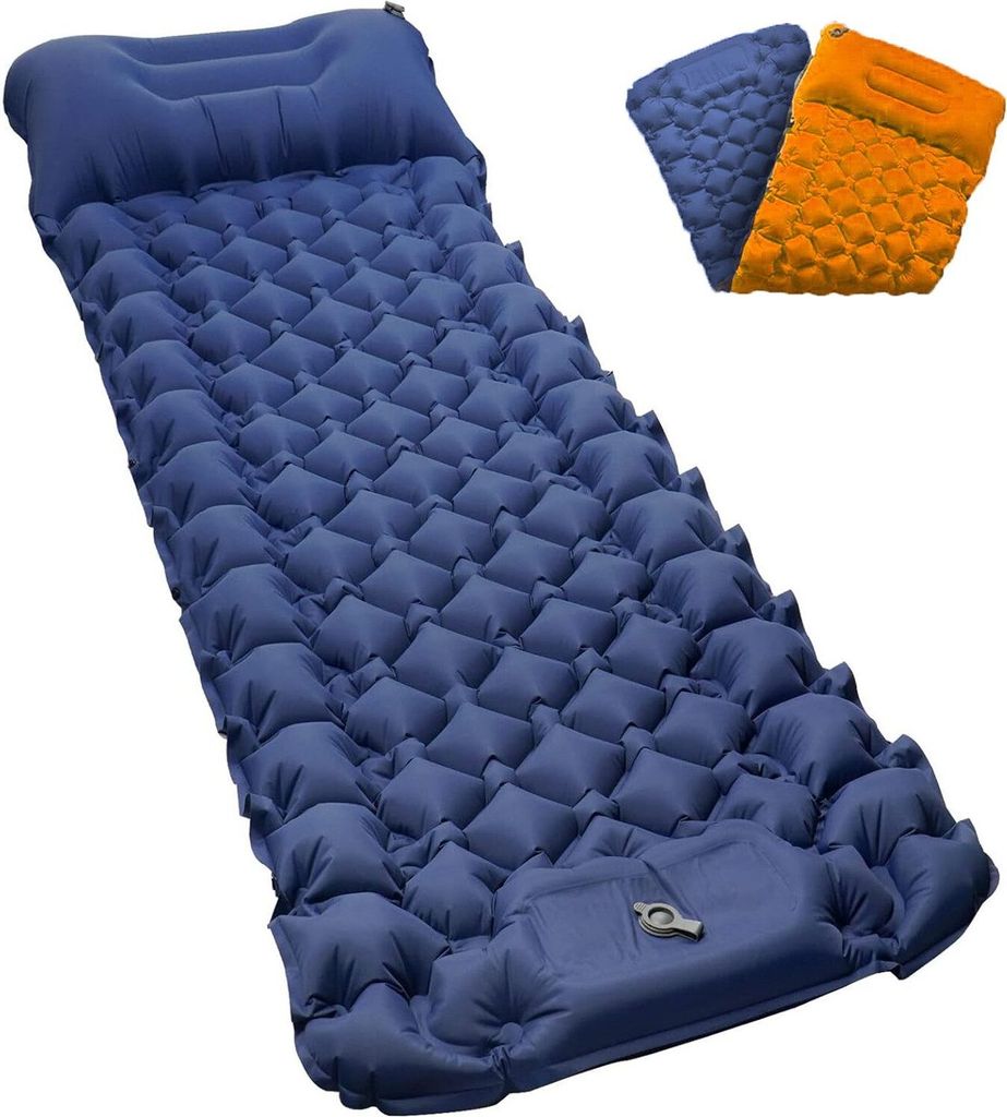 Camping Isomatte Selbstaufblasend mit Kissen Selbstaufblasende Matratze mit Fußpumpe Kann gespleißt werden (orange Farbe + marineblau)