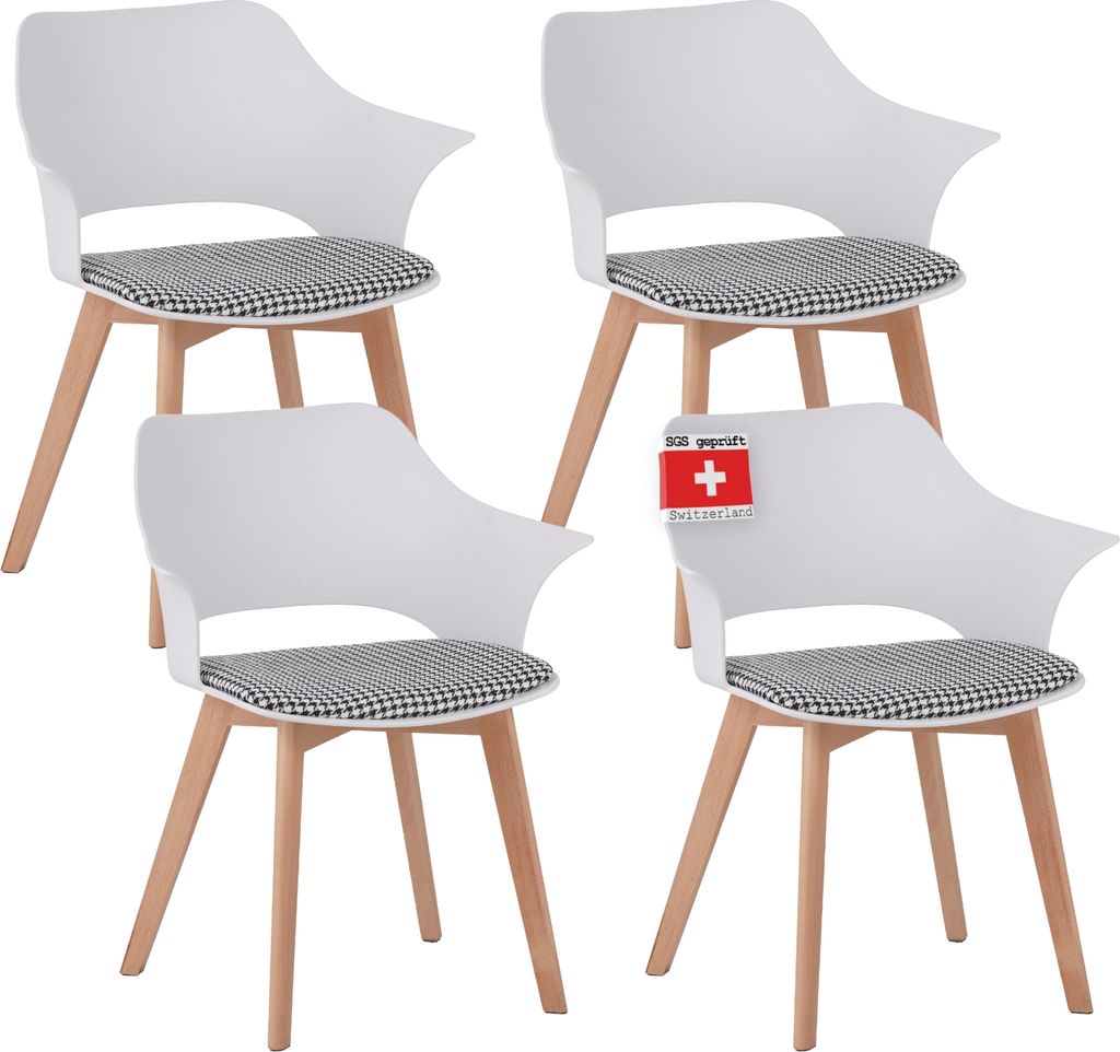 Four white dining chairs with black and white checkered seat cushions and light wood legs are arranged in a grid formation against a white background. One chair has a small red and white Swiss flag sticker with text.