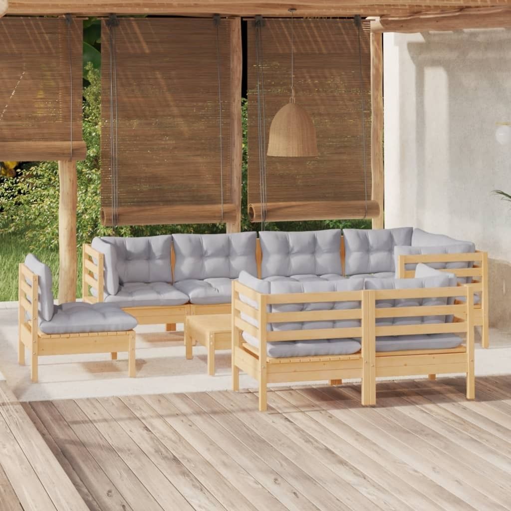 The Living Store 9-tlg. Garten-Lounge-Set mit Grauen Kissen Kiefer Massivholz