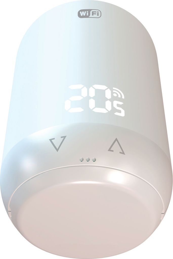 A white smart radiator thermostat with a digital display showing '20°C' and a Wi-Fi symbol.