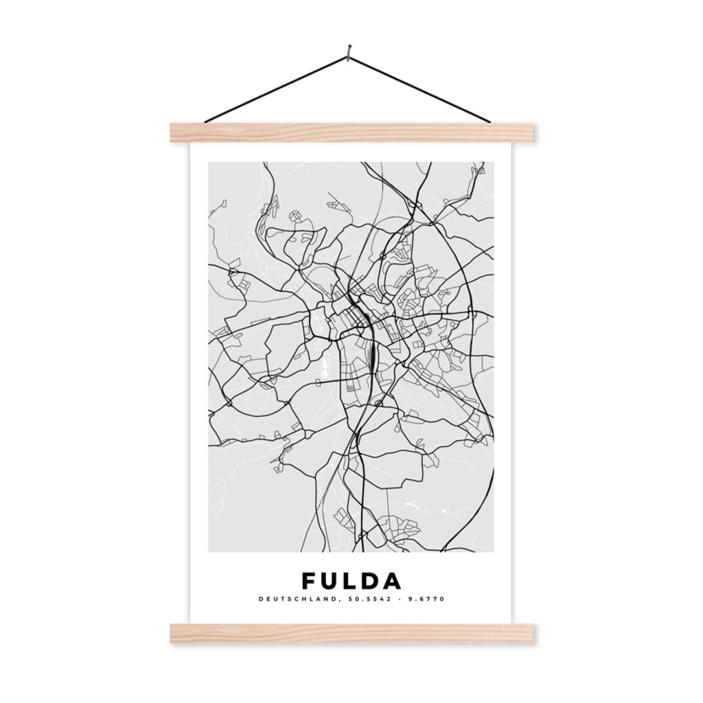 MuchoWow Textilposter Fulda - Karte - Stadtplan - Deutschland 60x90 cm mit holzfarbenen Rahmen - Textil