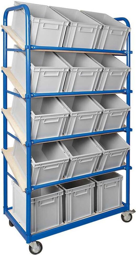 Schrägboden-Regalwagen mit 5 Ebenen, 4 Lenkrollen, bestückt mit 15 Euroboxen 400x300x235 mm grau