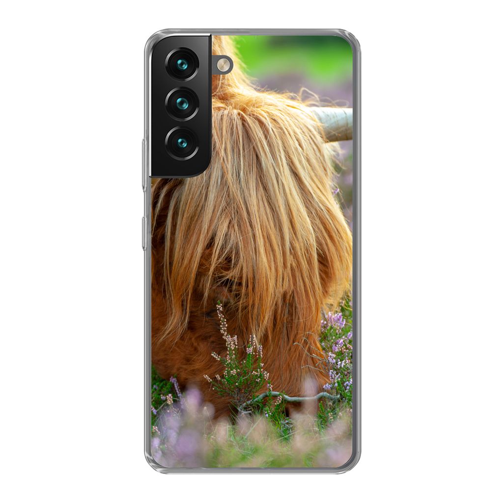 MuchoWow Handyhülle Schutzhülle Hülle für Samsung Galaxy S22 Plus Schottischer Hochländer - Hörner - Heidekraut Silikon Softcase Handy Hül...
