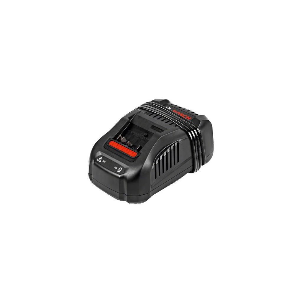 A black battery charger with red accents is shown against a white background.