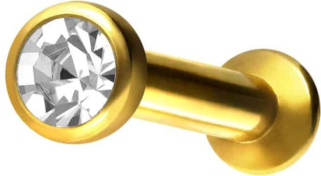Ohrpiercing, Nasenpiercing Chirurgenstahl Triple Piercing Mini Labret mit Innengewinde FLAT-DISC + KRISTALL Gold Stablänge: 8mm | Discgröße: 2,5mm
