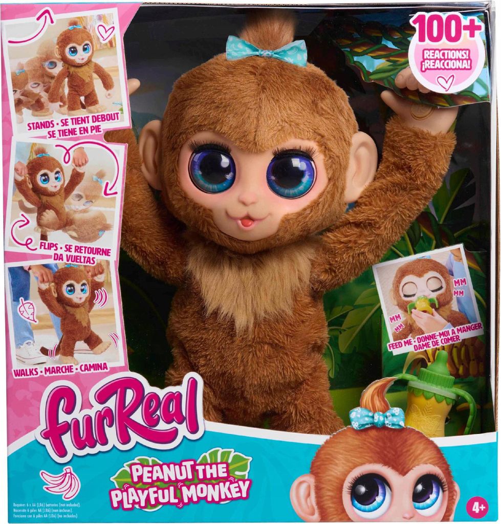The image shows the FurReal Peanut the Playful Monkey toy in its retail packaging. The packaging features images of the monkey and text describing its features.