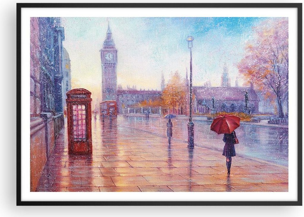 Gerahmtes Poster - Schwarzer Rahmen - Groß Ben Regenschirm - 100x70 cm - Wand Bild - Wanddeko - Wandbilder - Kunstposter - Wandposter - Bilderrahm...
