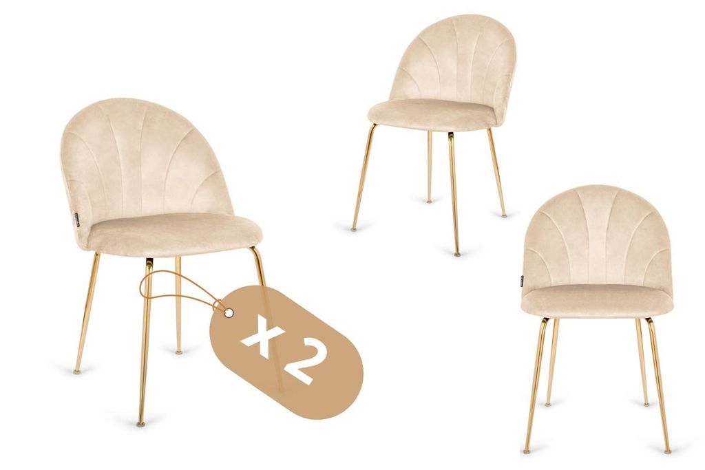 2er Set Esszimmerstühle "Camila" Samt Beige & Gold | Polsterstühle mit goldenen Beinen | Glamour-Stil Stuhl für Esszimmer & Schminktisch