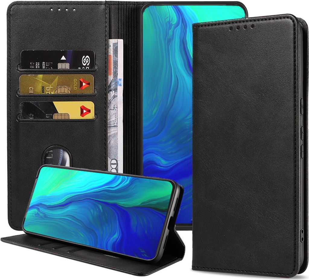 Smartphonica Handytasche passend für Oppo Reno Kunstledertasche mit Magnetverschluss und Kartenhalter Buchhülle mit Klappe - Schwarz
