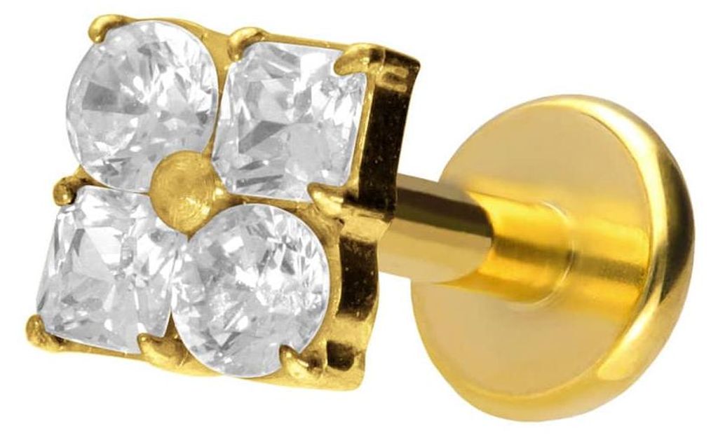 Ohrpiercing, Nasenpiercing Titan Labret mit Push Fit KRISTALLBLUME Gold Stablänge: 5mm | Stabstärke: 1,2mm